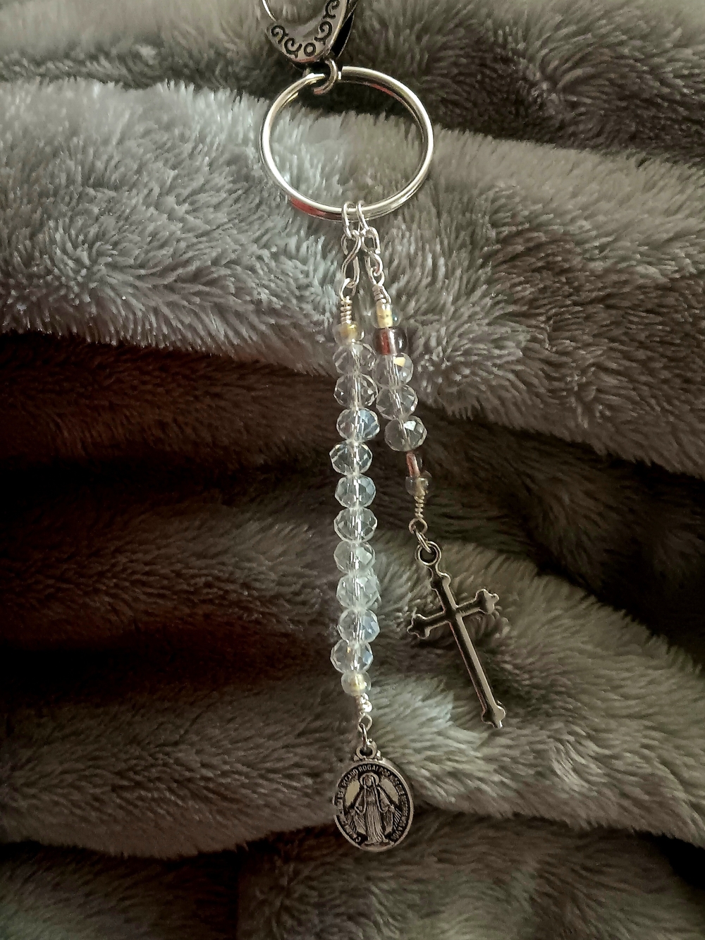 Crystal Bead Religious Rosary Keychain with Cross and Medal